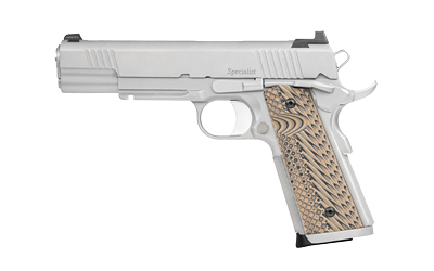 Silver handgun with textured wooden grip