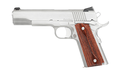 Silver semiautomatic pistol with wooden grip