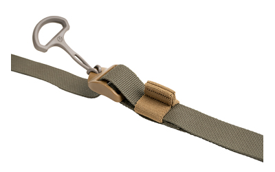 Carabiner attached to a secure khaki webbing strap