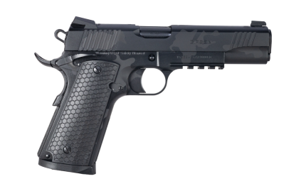 Black semi-automatic pistol on white background