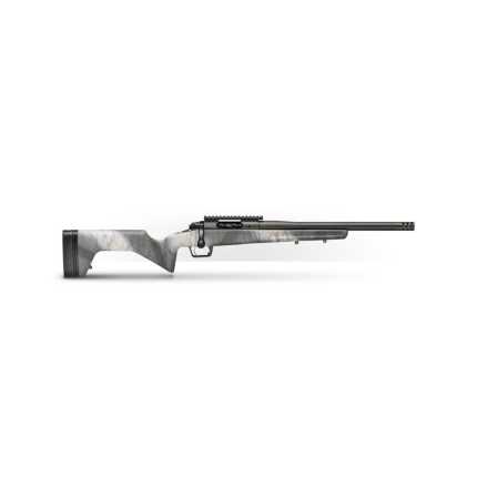 Camouflaged hunting rifle on white background