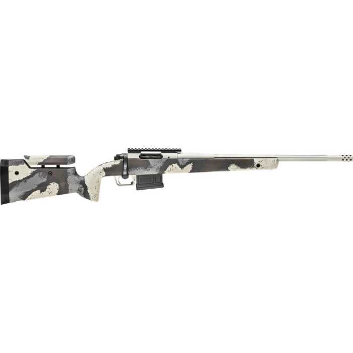 Camo pattern hunting rifle on white background