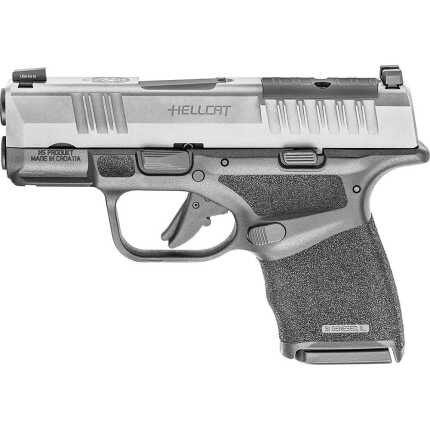 Compact silver Hellcat pistol on white background