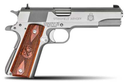 Springfield Armory stainless steel pistol with wooden grip