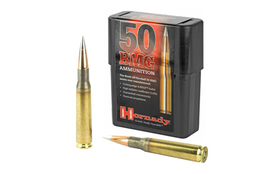 Hornady 50 BMG ammunition box with cartridges