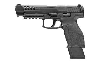 Black modern semi-automatic pistol on white background