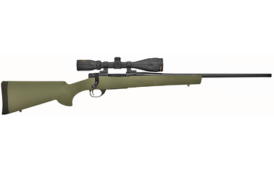 Olive green hunting rifle with scope isolated on white