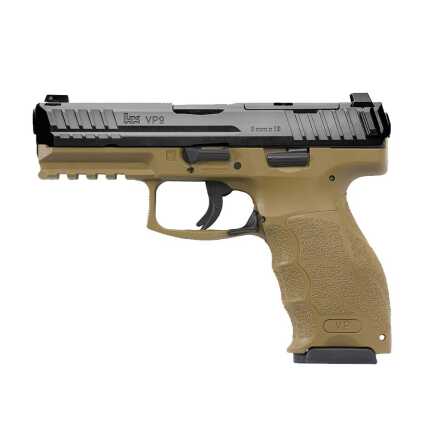 Tan and gray VP9 handgun isolated on white