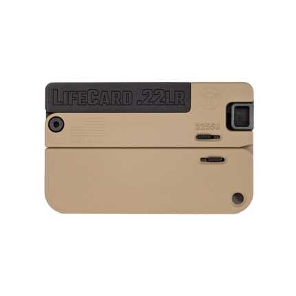 Compact beige LifeCard .22LR firearm with markings