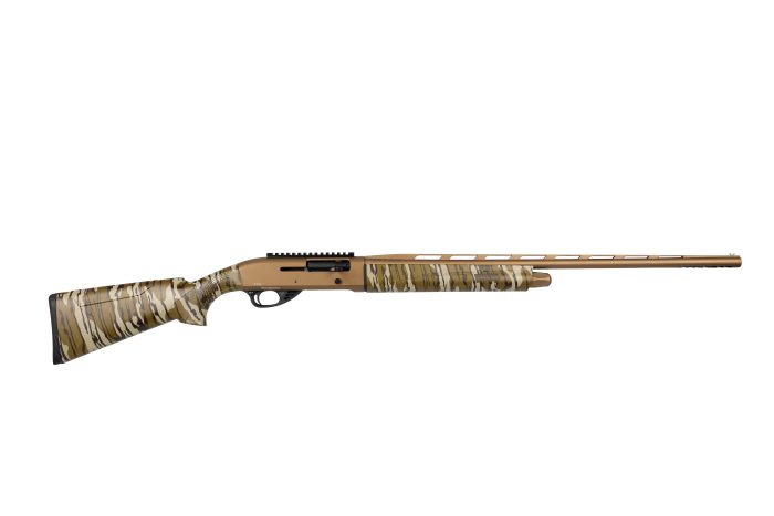 Camo-patterned hunting rifle on white background