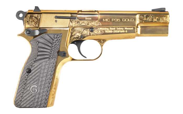 Ornate gold-engraved 9mm handgun