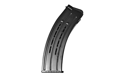 Curved black rifle magazine isolated on white