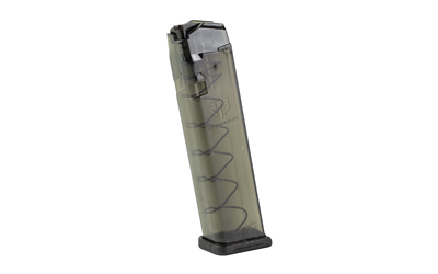 Transparent rifle magazine on white background