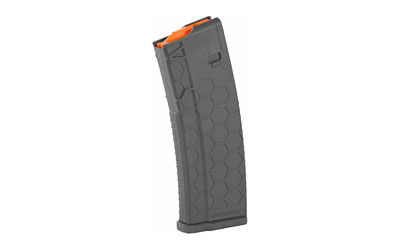 Gray tactical rifle magazine on white background