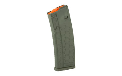 Green tactical firearm magazine with orange follower