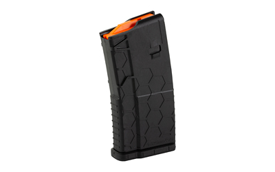 Black tactical rifle magazine with orange follower