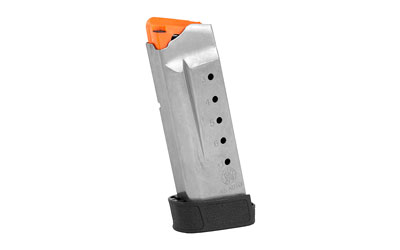 Handgun magazine with orange follower on white background