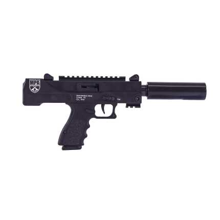 Black MPA tactical pistol with suppressor isolated