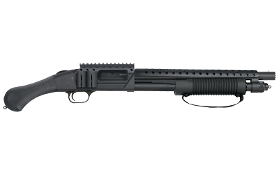 Black tactical pump-action shotgun on white background