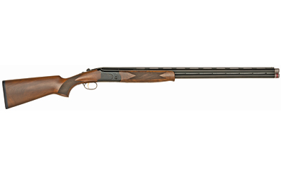 Side view of a brown wooden over-under shotgun