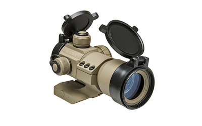 Tan tactical rifle scope with lens covers