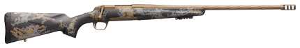 Camouflage hunting rifle with long barrel and scope