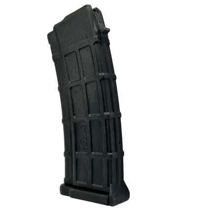 Black polymer rifle magazine isolated on white background