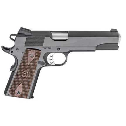 Stainless steel handgun with textured brown grips