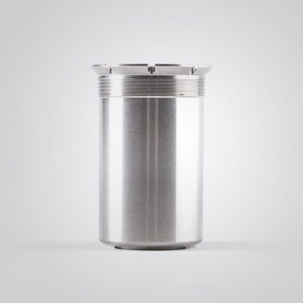 Silver cylindrical metal container on white background