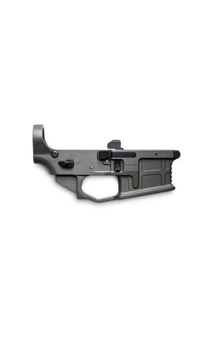 Gray AR-15 rifle lower receiver isolated on white