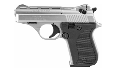 Compact silver handgun on white background