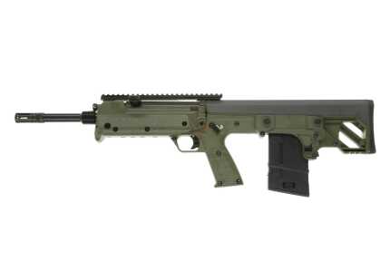 Olive green tactical rifle on white background