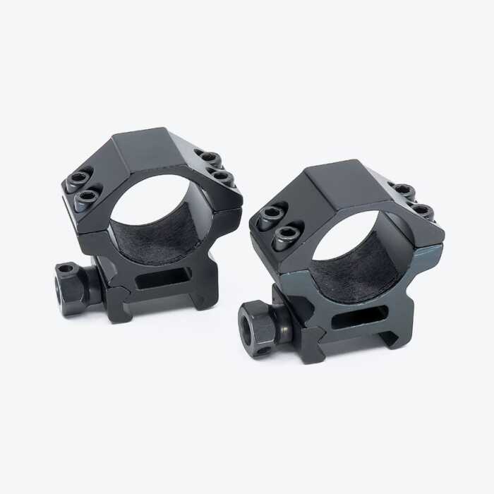 Two black industrial pipe clamps on white background