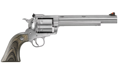 Silver revolver with long barrel and wooden grip