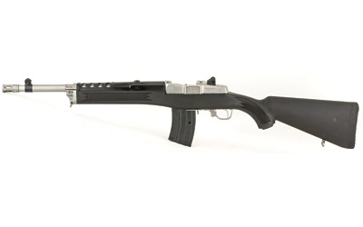 Side view of black semi-automatic rifle on white background