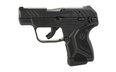 Compact black Ruger LCP II pistol on white background