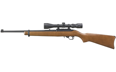 Wooden hunting rifle with mounted scope isolated