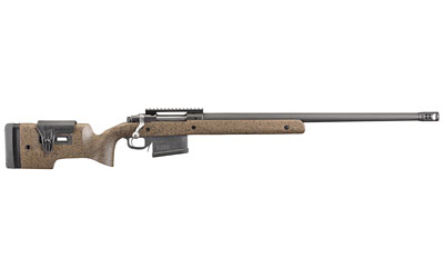 Precision bolt-action rifle with scope and beige stock