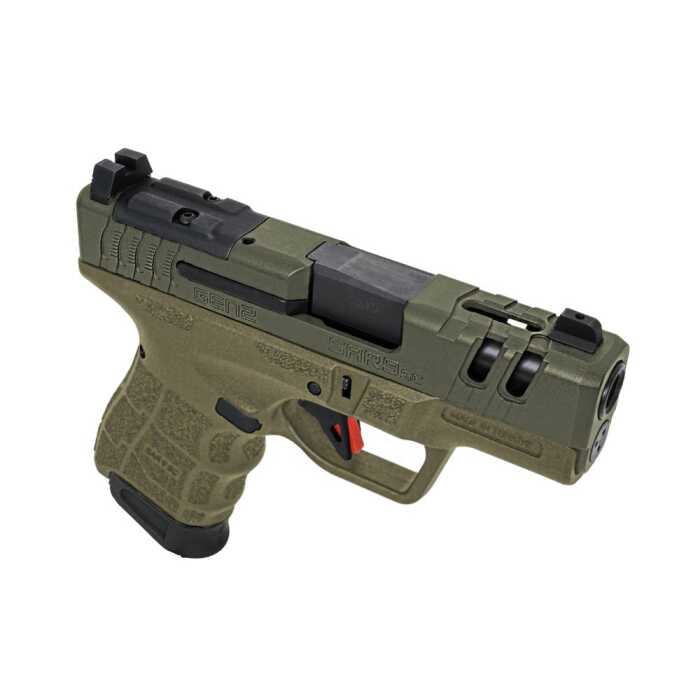 Olive green semi-automatic pistol on white background