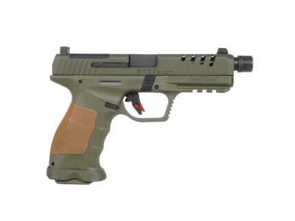 Green and tan semi-automatic pistol on white background