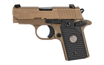 Compact tan semi-automatic handgun on white background