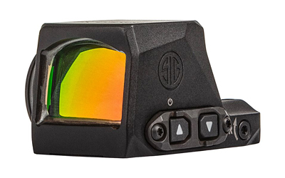 Compact black tactical red dot sight with colorful lens