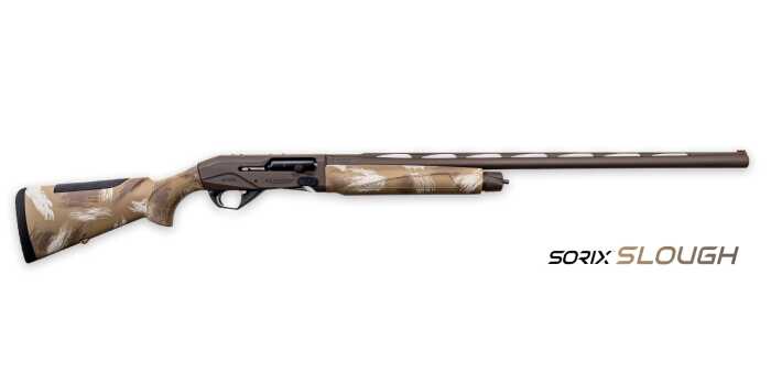 Camouflaged hunting shotgun on white background