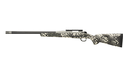 Camouflage hunting rifle with scope on white background