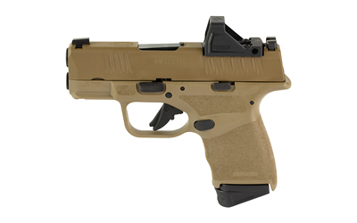 Tan colored semi-automatic pistol on white background