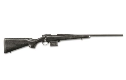 Black carbon fiber hunting rifle on white background