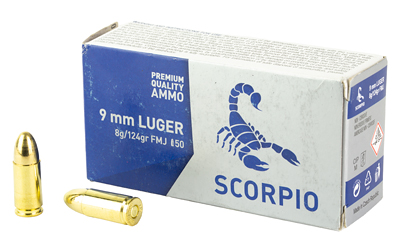 9mm Luger Scorpio ammo box with two bullets