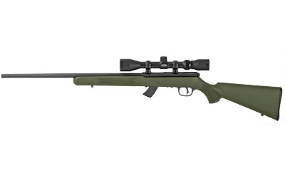 Green bolt-action rifle with scope on white background