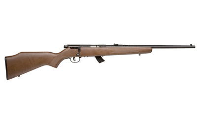 Side view of a bolt-action rifle with wooden stock