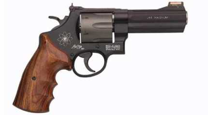 Black .44 Magnum revolver with wooden grip